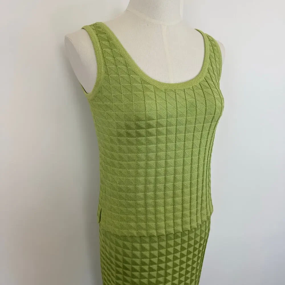 St. John Matching SET Santana Knit Sleeveless Top and Skirt Lime Green S/2